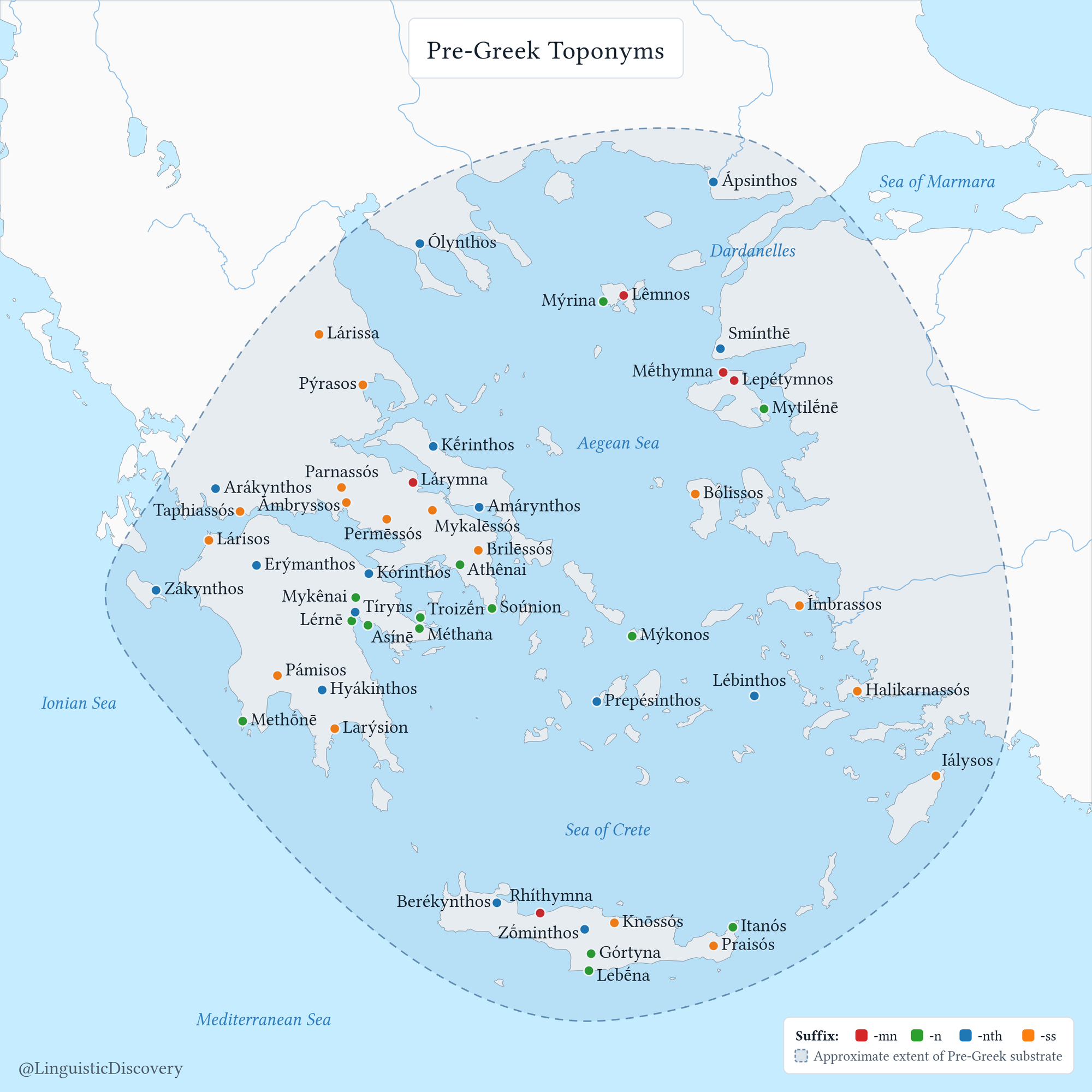 Greek toponyms (placenames) borrowed from a Pre-Greek substrate.