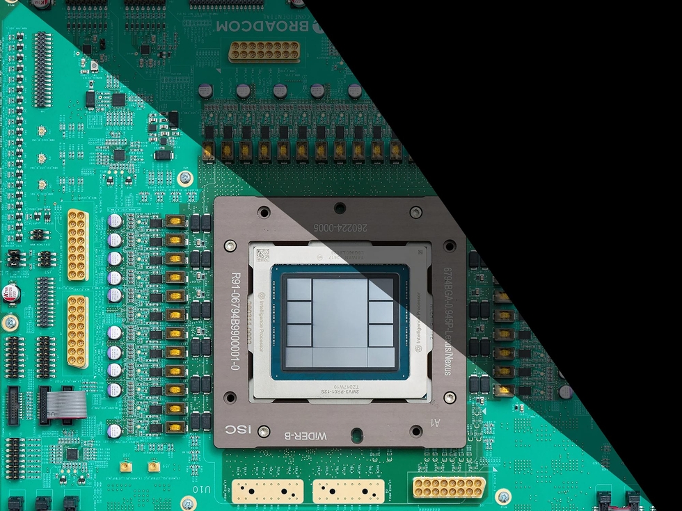 Close-up of a computer processor consisting of several pieces of silicon.